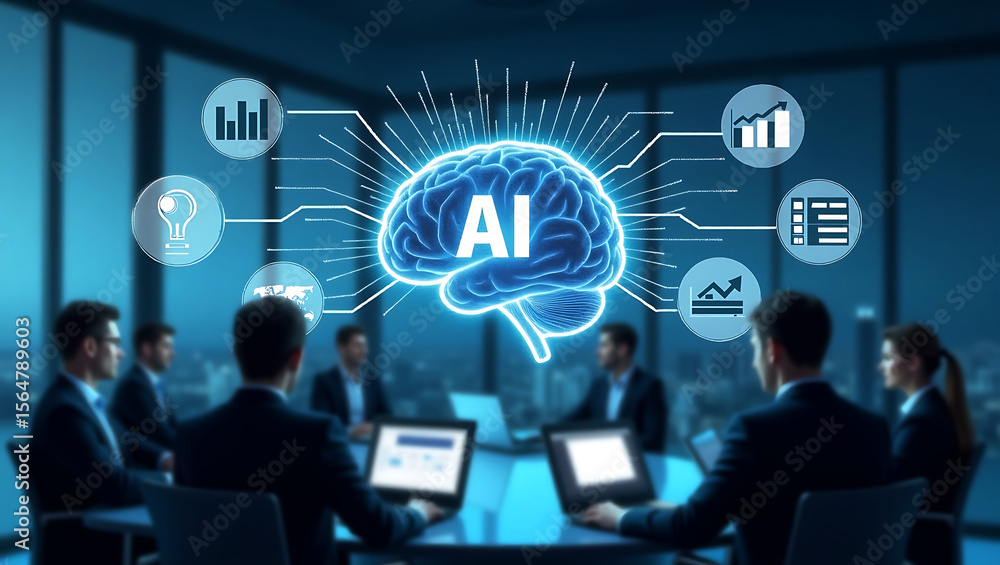 Poster business team in a modern conference room discusses artificial intelligence strategy with glowing br