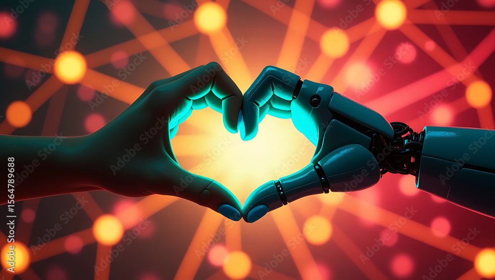 Poster human and robot hands forming a heart shape with a glowing network of lights in the background symbo