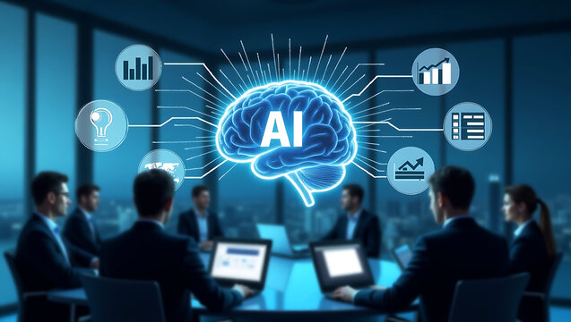 Business team in a modern conference room discusses artificial intelligence strategy with glowing brain and data visualization icons