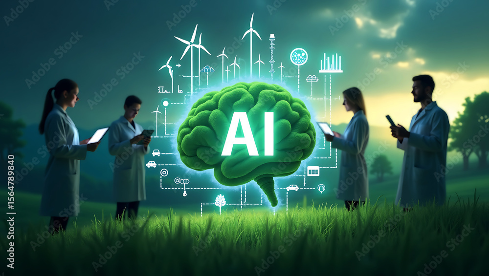 Poster scientists observe a glowing green ai brain with digital connections to renewable energy and smart t