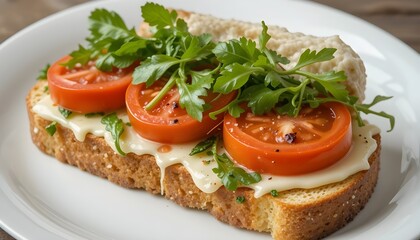 Sandwich with Tomatoes, Cheese, and Greens.
