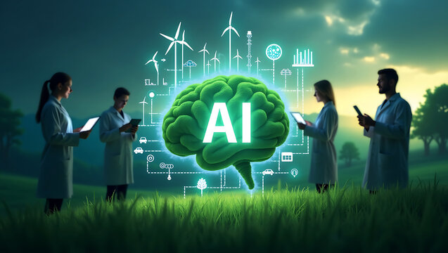 Scientists observe a glowing green ai brain with digital connections to renewable energy and smart technology symbols in a grassy field