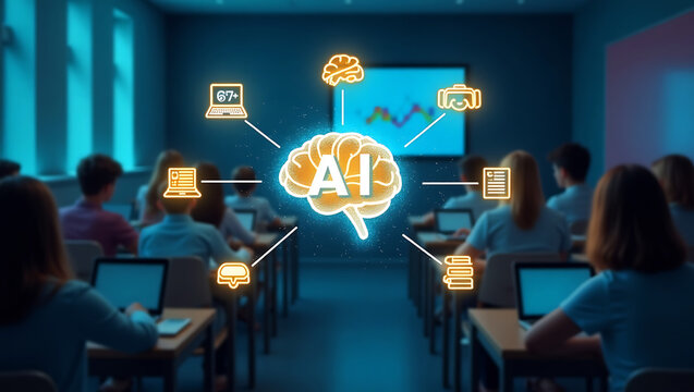 Students learning about artificial intelligence with glowing icons representing technology data and education in a classroom setting