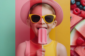 Pop‑Mood Mosaic: Child in Straw Hat, Sunglasses and Popsicle Montage