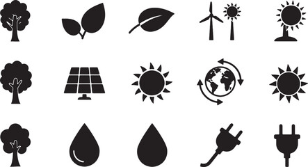 Collection of black and white environmental icons, including trees, leaves, solar panels, wind turbines, and water droplets.