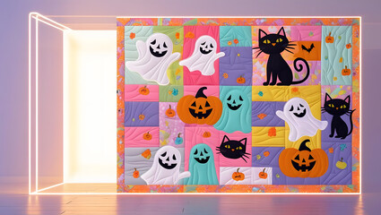 Vibrant Halloween Quilt with Playful Cats, Bats, Ghosts, and Pumpkins on Purple Background