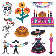 Naklejka premium 2d vector Mexico festival Day of the Dead Culture and traditions decorations a skull, candle. 