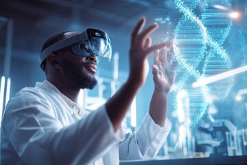 Male scientist wearing an AR headset interacting with a holographic DNA structure. The scientist engages with a 3D DNA representation, demonstrating innovative uses of augmented reality.