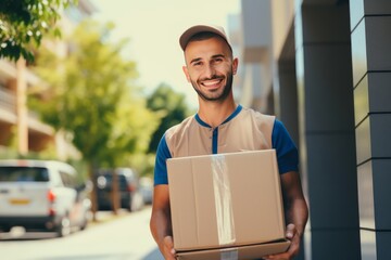 Delivery man with a box at the door of the house. 