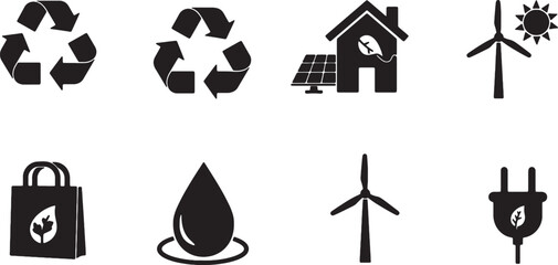 Sustainable Living Icons Eco-Friendly Energy, Recycling, and Conservation Symbols