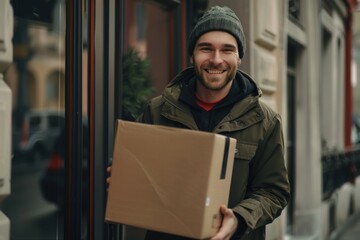 Delivery man with a box at the door of the house. 