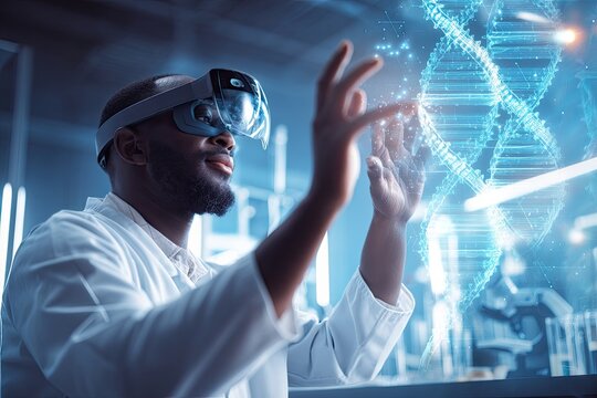 Male scientist wearing an AR headset interacting with a holographic DNA structure. The scientist engages with a 3D DNA representation, demonstrating innovative uses of augmented reality.