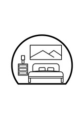 Minimalist line art of a cozy bedroom interior with bed, nightstand, lamp, and wall art. Perfect...