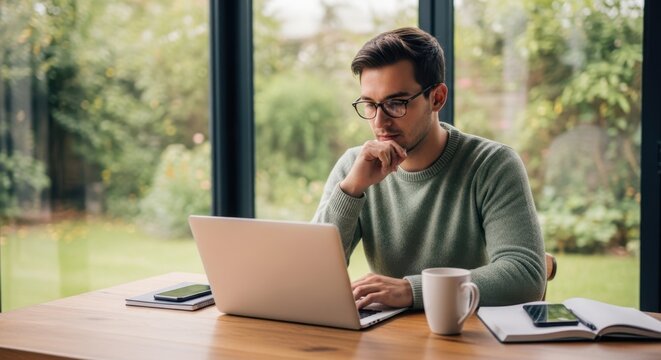 Focused man working on laptop at home office with garden view
