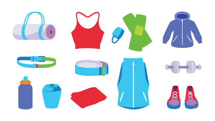 Collection of fitness and sports gear including apparel and equipment for exercise and recreation