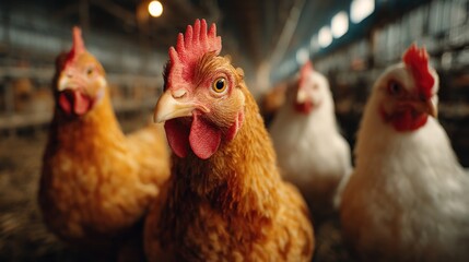 Fototapeta premium Close-up Portrait of Chickens Inside a Modern Poultry Farm Facility