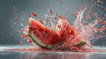 High-speed capture of watermelon exploding on impact, symbolizing freshness, intensity, and dynamic summer energy in cinematic food photography

