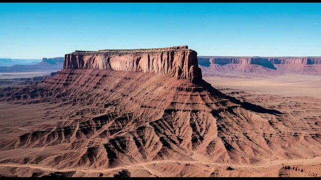 Monument Valley landscape under clear blue sky. 