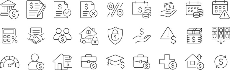 Fototapeta premium Loan and financing line icon collection vector illustration. Includes approval, interest rate, repayment, mortgage, agreement, penalty, rejection, calculator, credit score and credit risk elements.