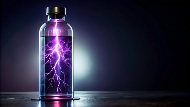 Glass bottle filled with purple lightning energy and electric sparks on dark background