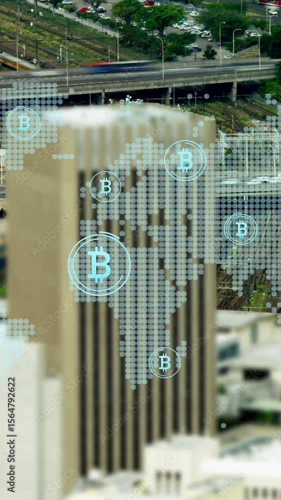 Poster animation of data processing over cityscape