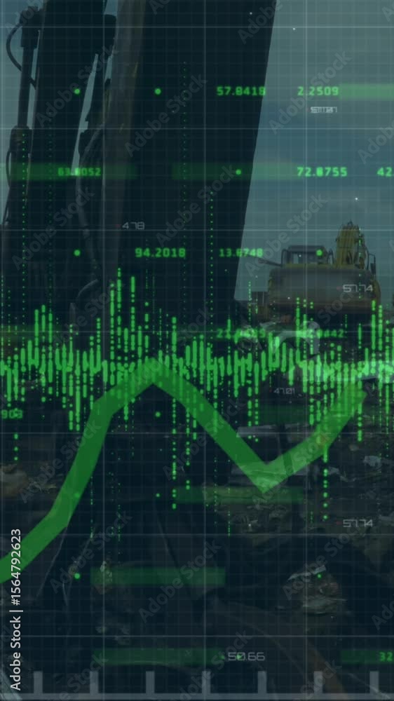 Poster animation of statistical data processing over grid network against crane operating at junkyard