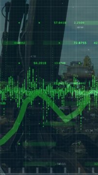 Animation of statistical data processing over grid network against crane operating at junkyard