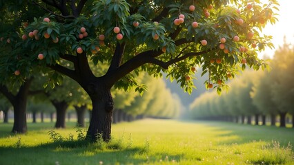 Solitary Realistic Peach Tree with Sparse Orange Fruits and Broad Branches in Sunlit Orchard &ndash; Ultra HD 16K Nature Wallpaper"