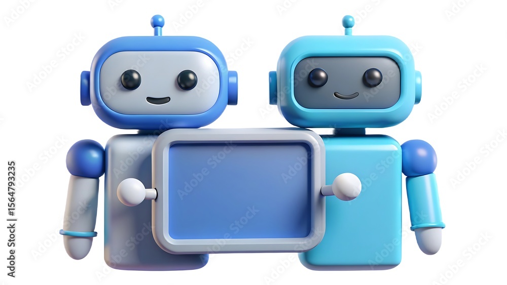 Aufkleber two friendly cartoon robots presenting a blank display screen on a clean white background for techno