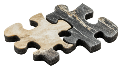 two puzzle pieces one black and one beige on white background