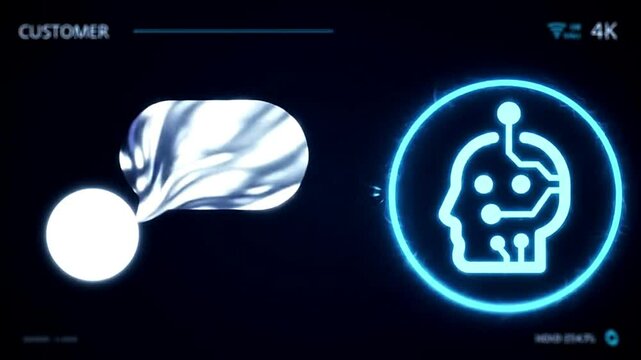 animation of an AI chatbot icon having a conversation with a customer, exchanging data packets on a futuristic interface to provide online service