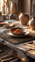 Handmade Clayware With Fruit Assortment On Rustic Kitchen Table In Rattan Accented Bohemian Setting food photography in earth tone kitchen wallpaper background