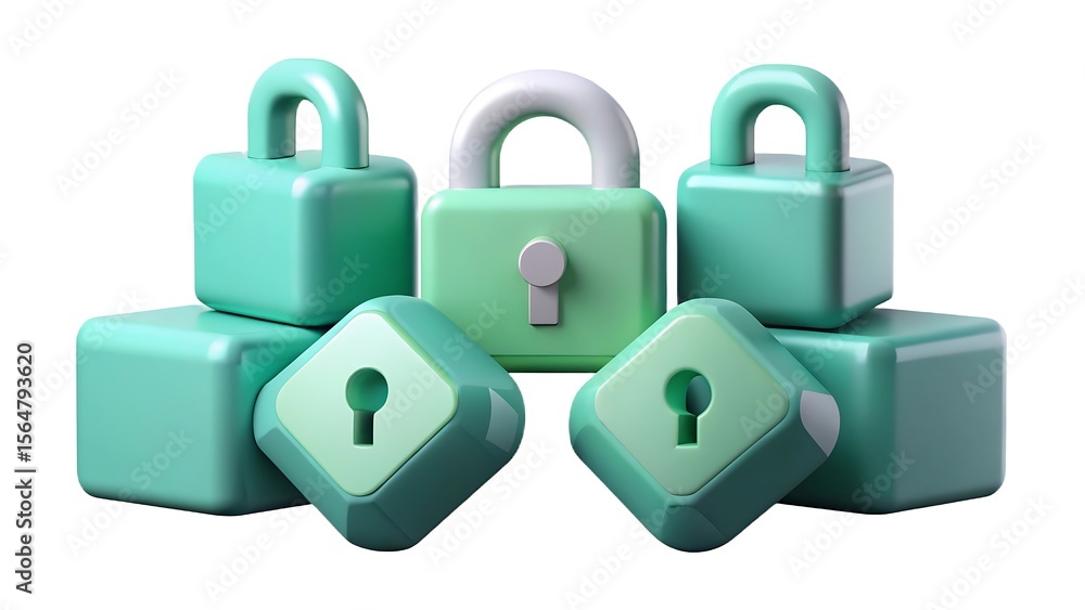Poster 3d rendered illustration featuring multiple padlocks of varying sizes and shapes arranged against a 