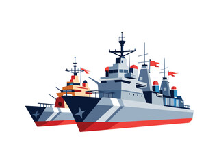 Fototapeta premium Two modern warships with red flags flying from their masts sailing together 