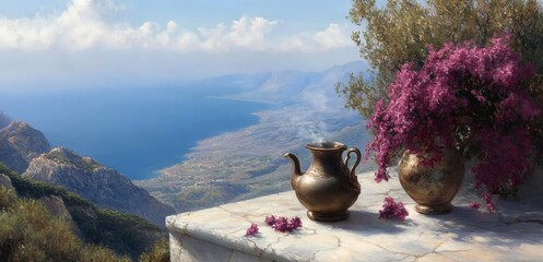 Coastal Still Life Featuring a Vase of Purple Flowers and a Metal Teapot on a Marble Terrace