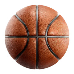 Detailed close up of a classic orange basketball with textured surface and black lines isolated on transparent background