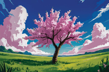 Obraz premium Spring landscape with cherry blossoms