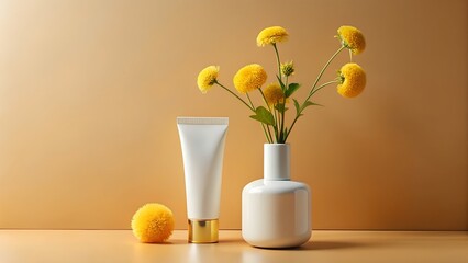 Minimalist still life white skincare tube and yellow craspedia flowers in a white vase