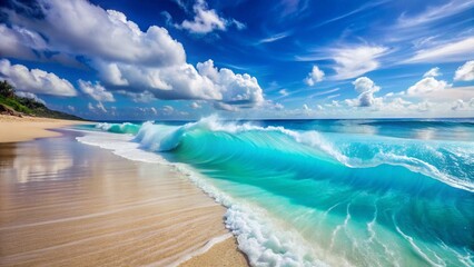 Soft Blue Wave Rolling Onto a White Sand Beach
