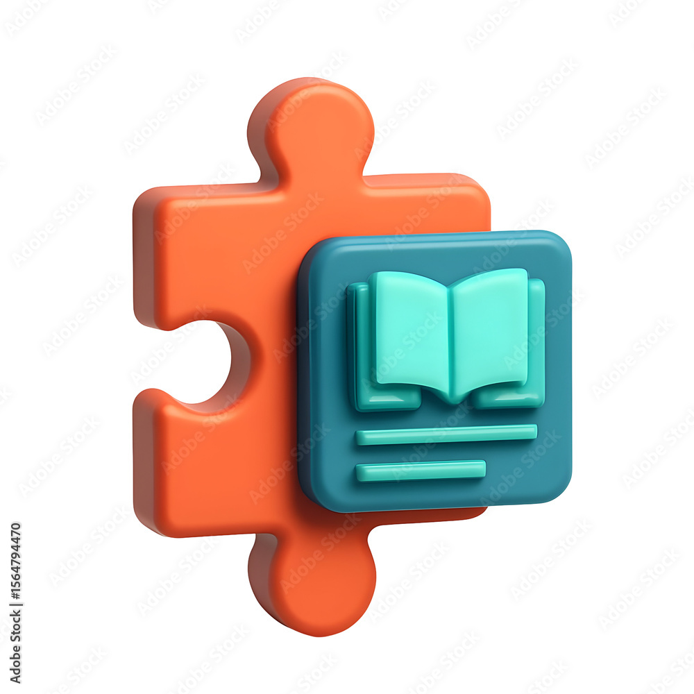 Poster conceptual learning icon presents a vibrant puzzle piece with an open book for knowledge