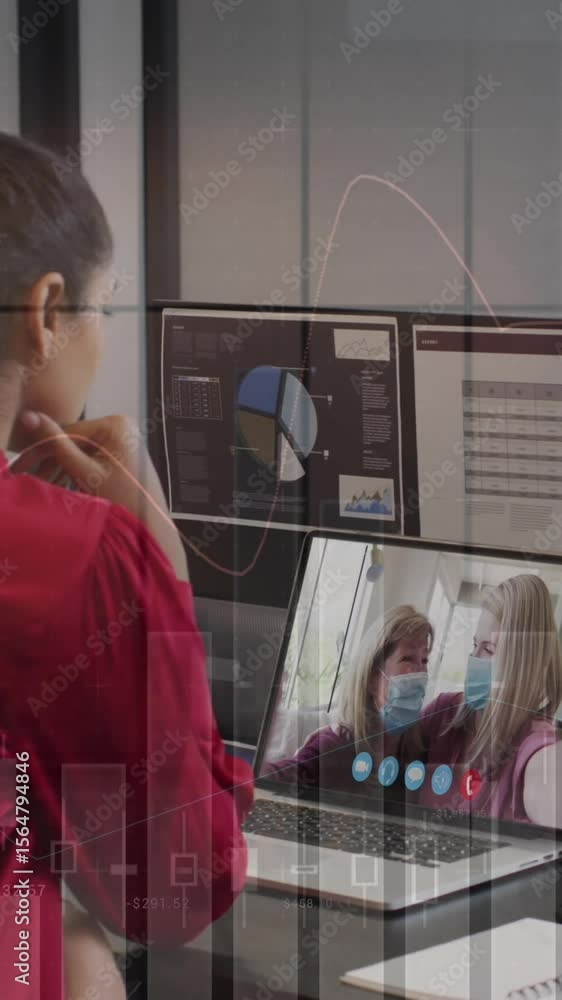 Poster statistical data processing over rear view of a woman having a video call on laptop at office