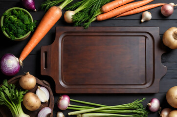 Wooden Cutting Board with Fresh Vegetables on Rustic Kitchen Table for Food Preparation


