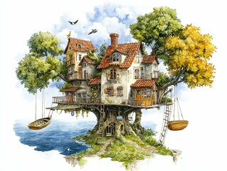 Enchanted Treehouse Surrounded by Nature and Water Reflection