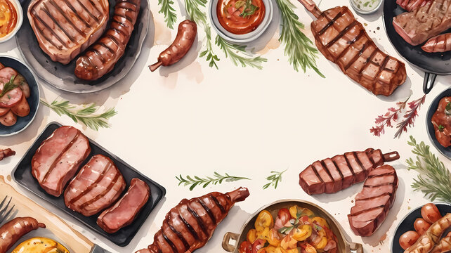 Watercolor barbecue frame with grilled meats, sausages, and herbs. Ideal for summer menus, recipe cards, and food event branding. Isolated design with blank center space