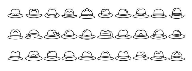 Hat collection, fashion headwear, fedora, and stylish caps minimal thin line web icon set. Outline icons collection. Simple vector illustration.