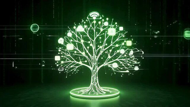 Growing technology and digital connections represented by a glowing green tree