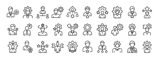 Business management, leadership, human resources, and skills development minimal thin line web icon set. Outline icons collection. Simple vector illustration.