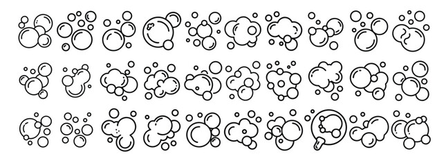 Soap bubbles, foam, cleaning and hygiene minimal thin line web icon set. Outline icons collection. Simple vector illustration.