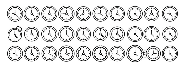 Clock, time, schedule, alarm and watch minimal thin line web icon set. Outline icons collection. Simple vector illustration.