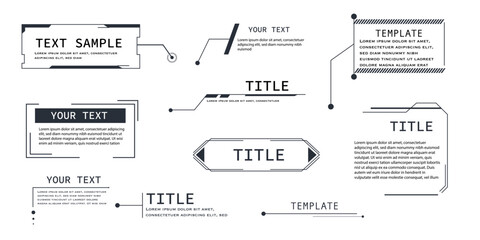 Modern callout text box HUD design with vector arrows, info bars, and black rectangular shapes. Great for advertising, sports news, or virtual dashboards.